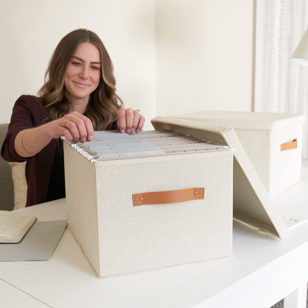 Collapsible Linen File Organizer Box Set of 2 D837