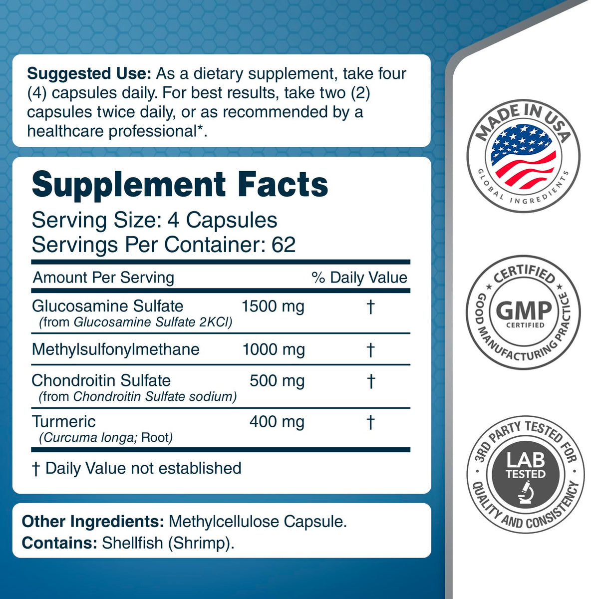 Glucosamine Chondroitin MSM & Turmeric Supplement, 248 Capsules C1766