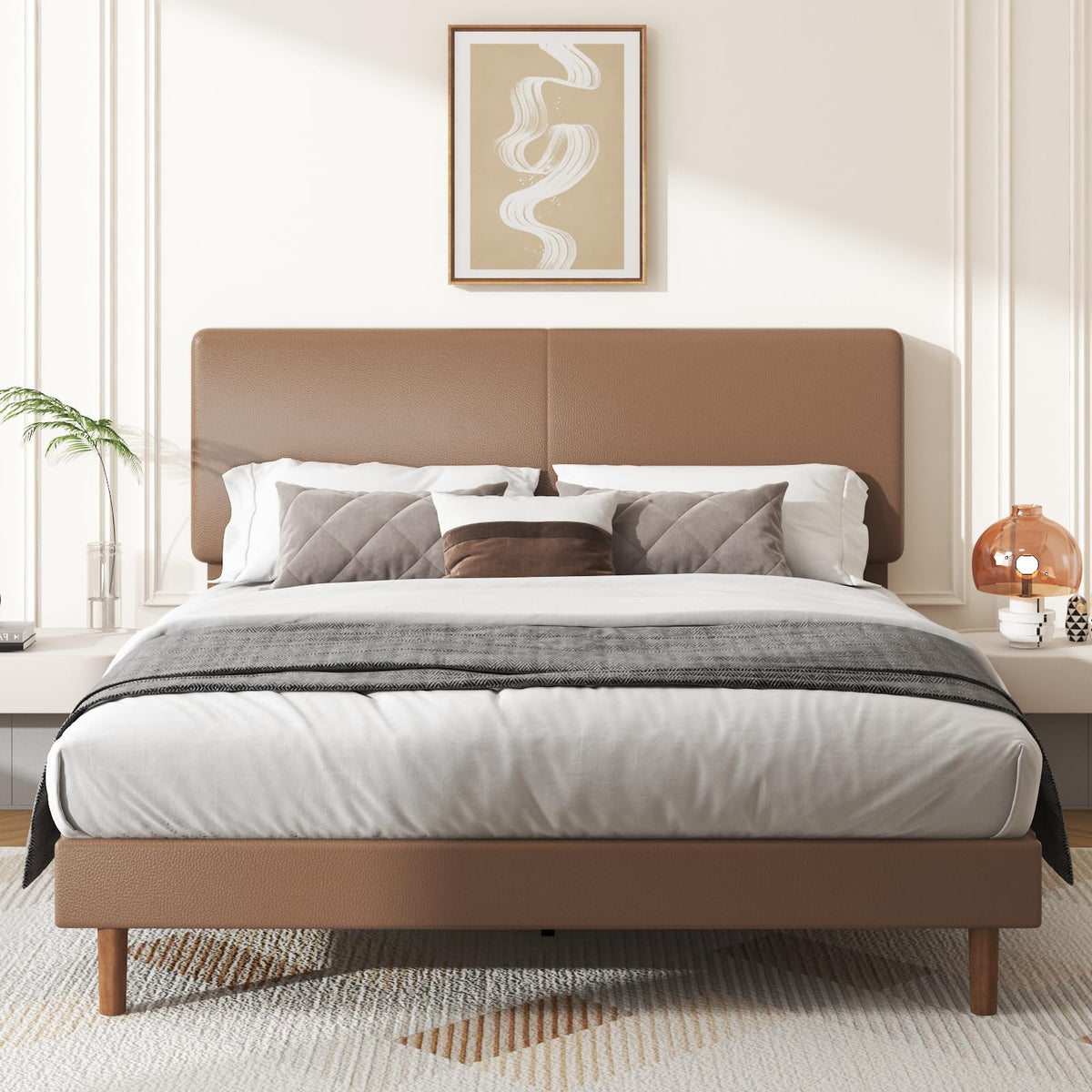 Minimalist Leather Bed Frame with Adjustable Headboard U4809