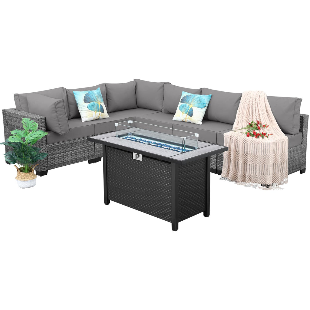 7 Pieces Wicker Patio Furniture Set with Fire Pit Table C7216