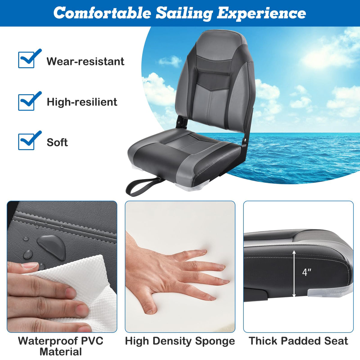 2 Pack Black Grey High Back Folding Boat Seats M376