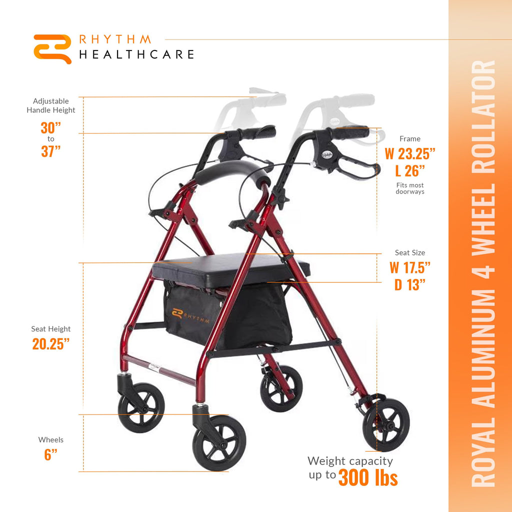 Red Aluminum 4 Wheel Rollator with Padded Seat D634997