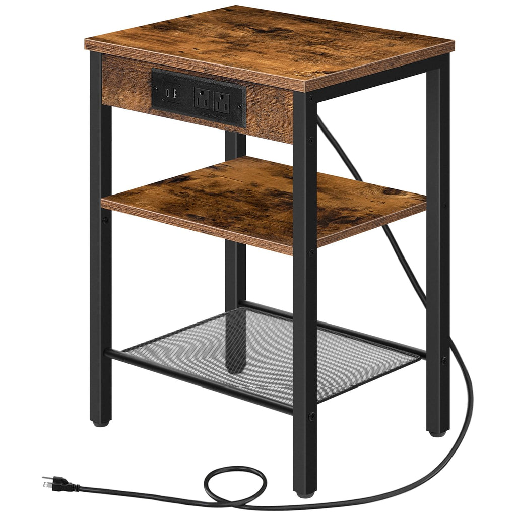 Side Table with Charging Station and USB Port, 3-Tier Nightstand with Adjustable Shelf, Rustic Brown S132