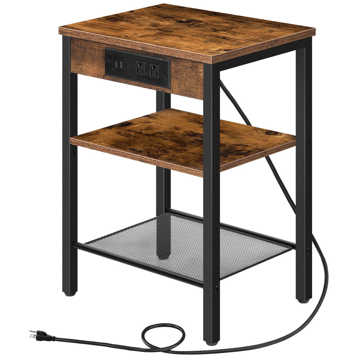 Side Table with Charging Station and USB Port, 3-Tier Nightstand with Adjustable Shelf, Rustic Brown S132