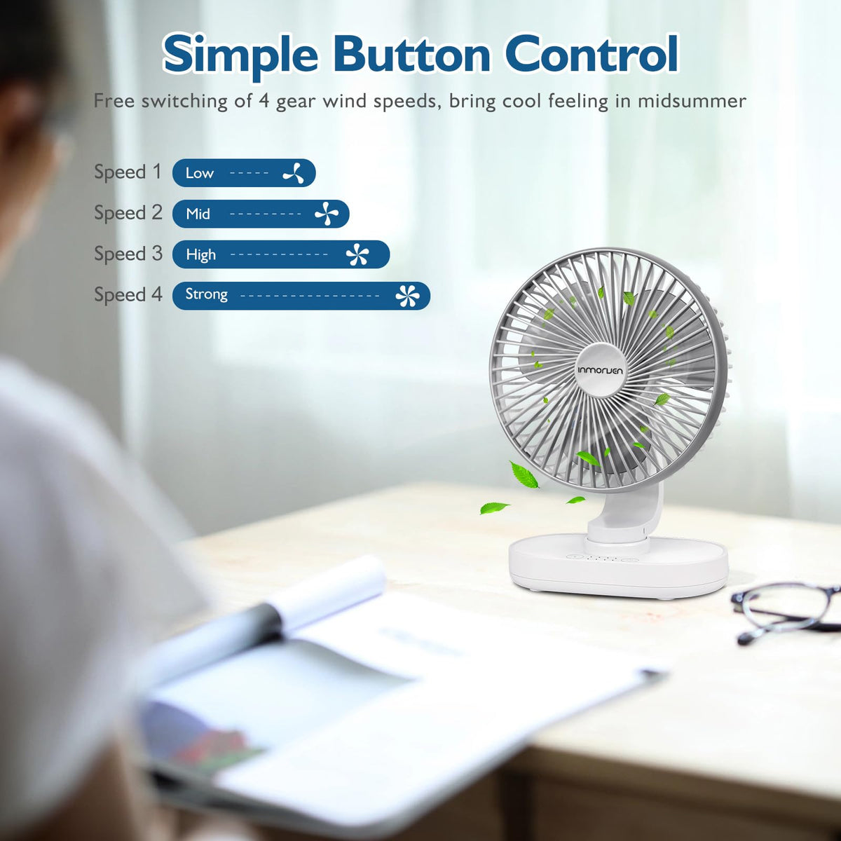 4000mAh Rechargeable Oscillating Desk Fan White D600