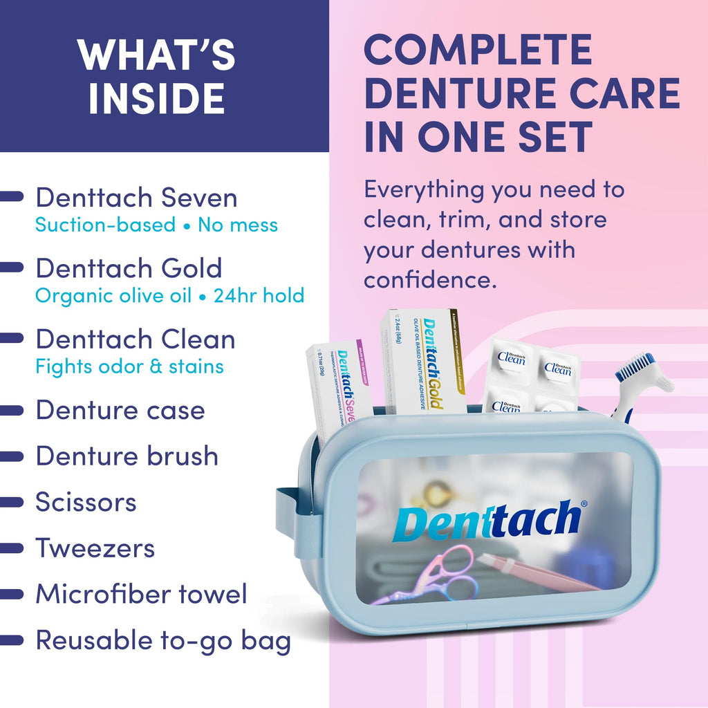 9 Piece Denture Starter Kit with Adhesive, Clean Tablets, Case, Brush, Scissors, Tweezers & Towel S558
