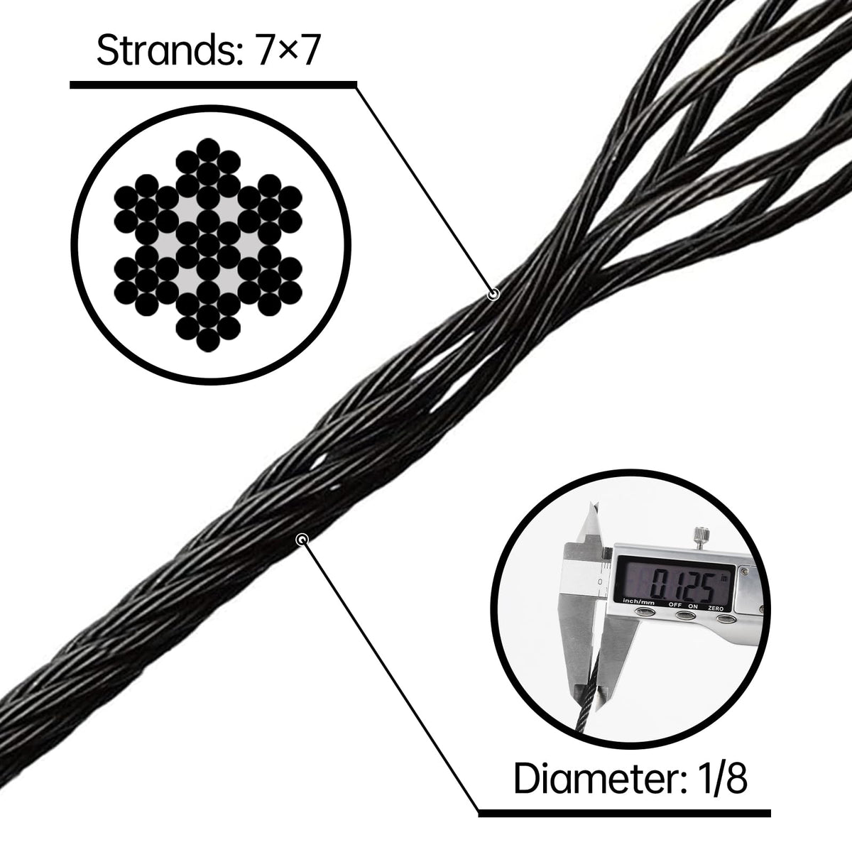 Black Stainless Steel Cable for Railing 220FT 1/8" T316 Wire Rope O107536
