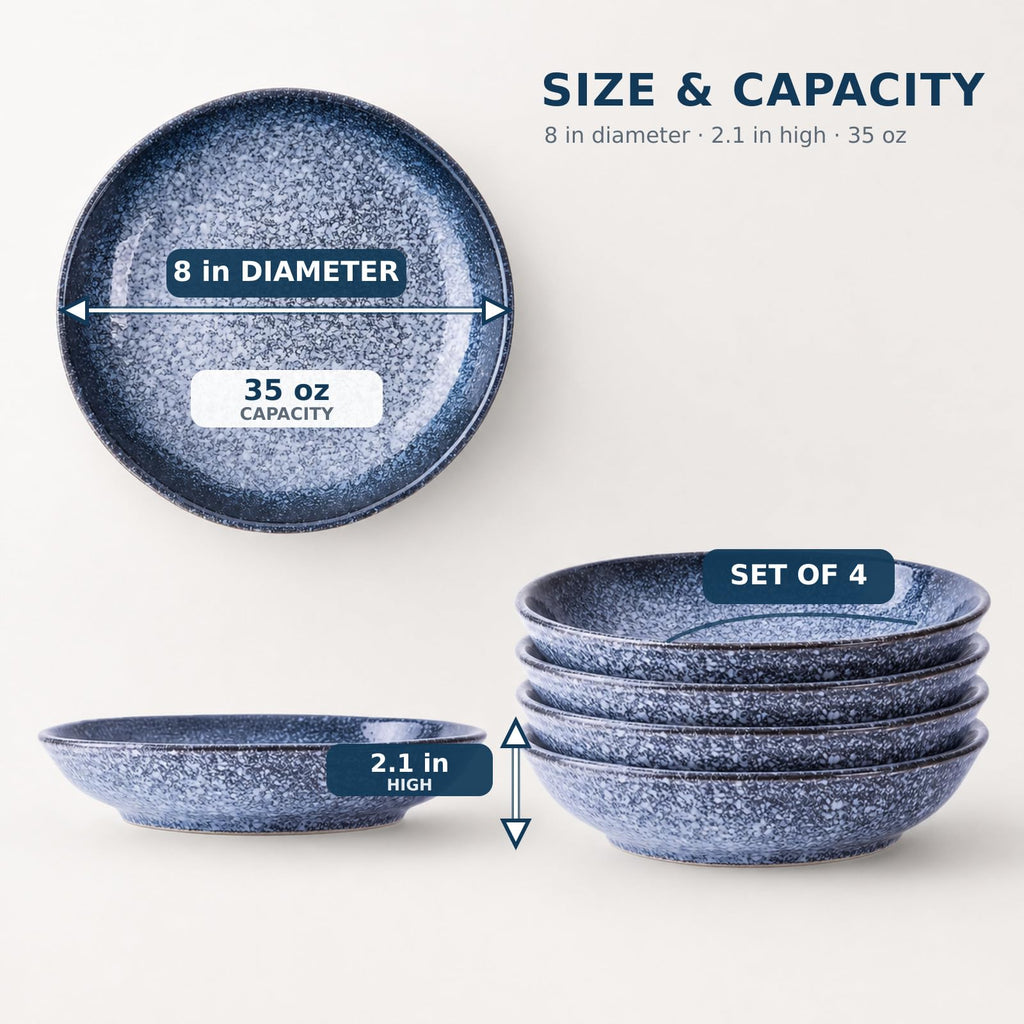 8-Inch Ceramic Pasta Bowls, Set of 4, Blue Glaze Z207848