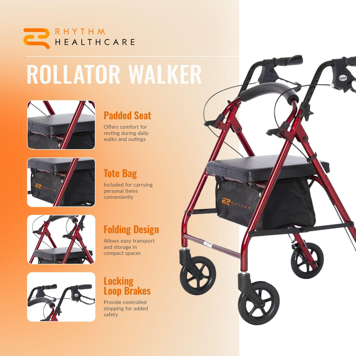 Red Aluminum 4 Wheel Rollator with Padded Seat D634997