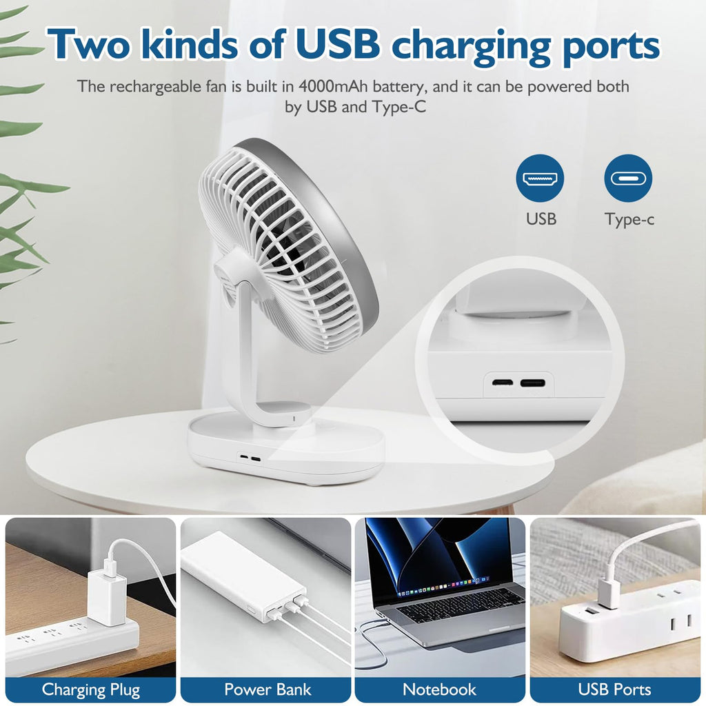 4000mAh Rechargeable Oscillating Desk Fan White D600