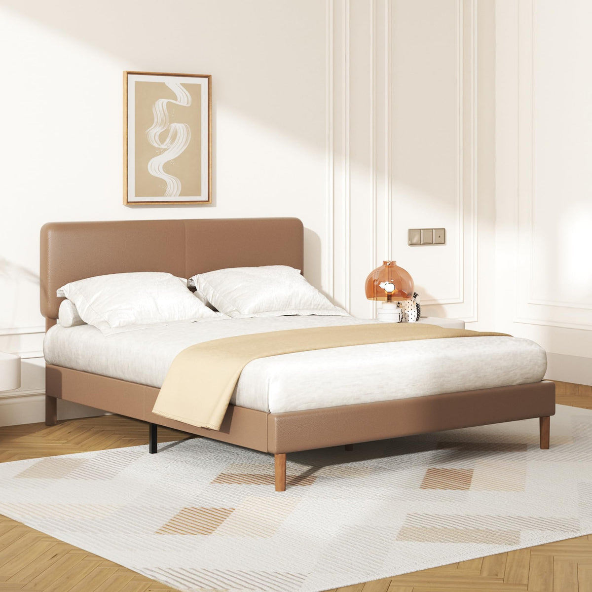 Minimalist Leather Bed Frame with Adjustable Headboard U4809