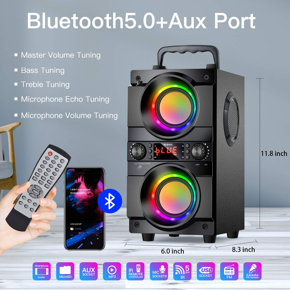 Portable Bluetooth Speaker with Double Subwoofer Heavy Bass T453589