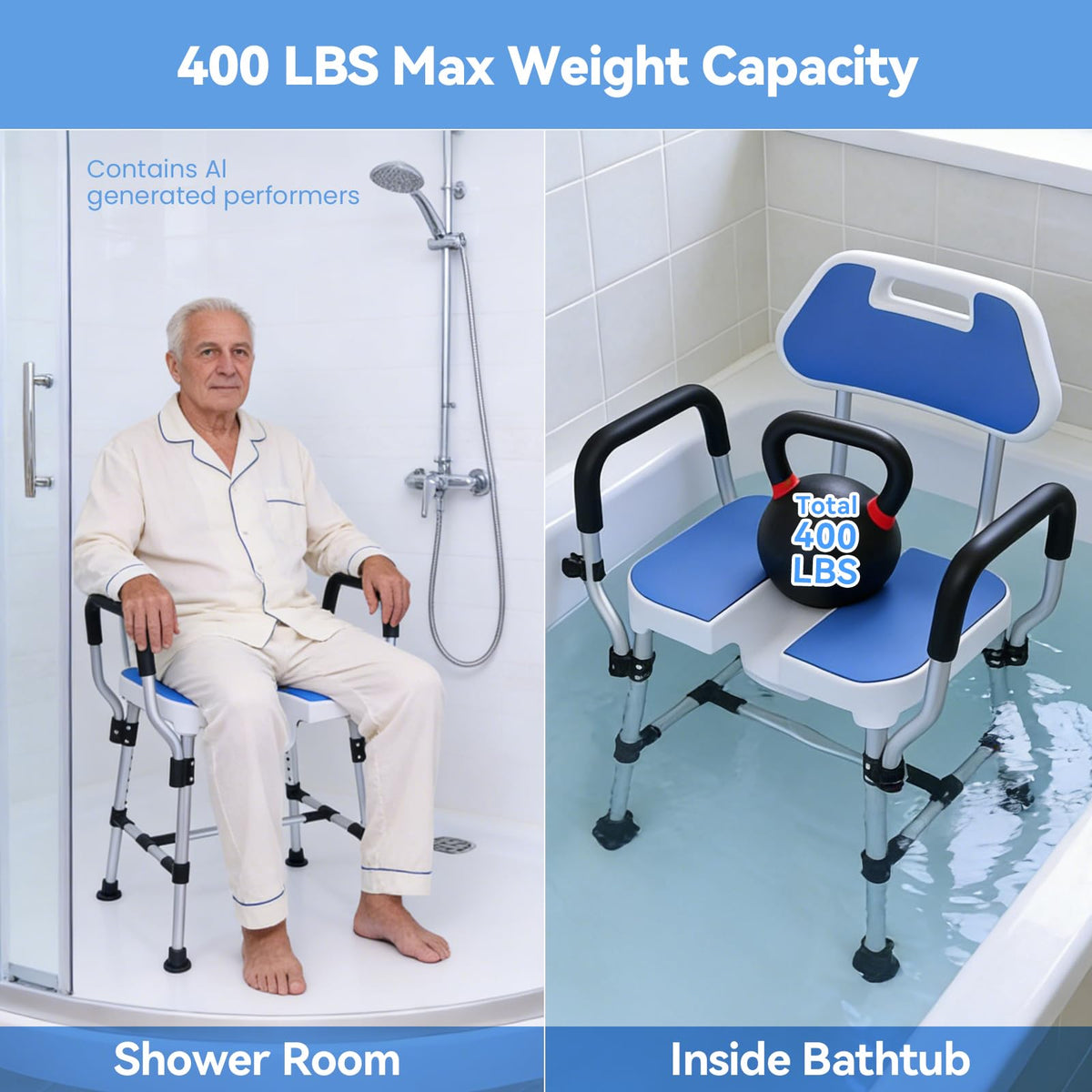 U-Shaped Shower Chair, 400 lbs Capacity, Adjustable Height, Blue Q762636