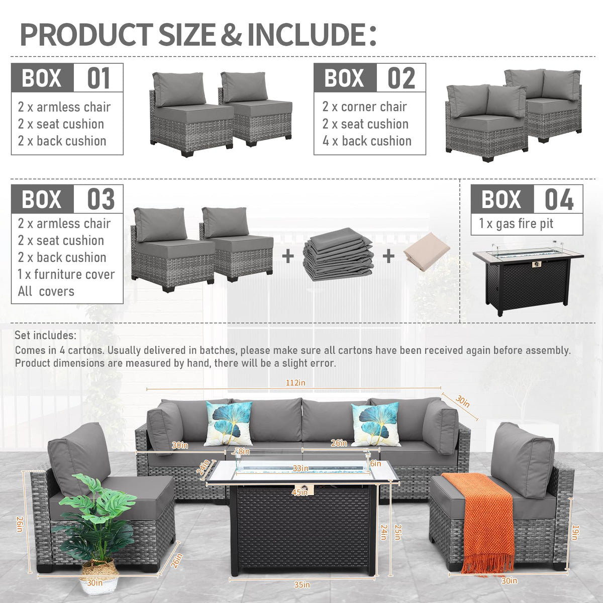 7 Pieces Wicker Patio Furniture Set with Fire Pit Table C7216