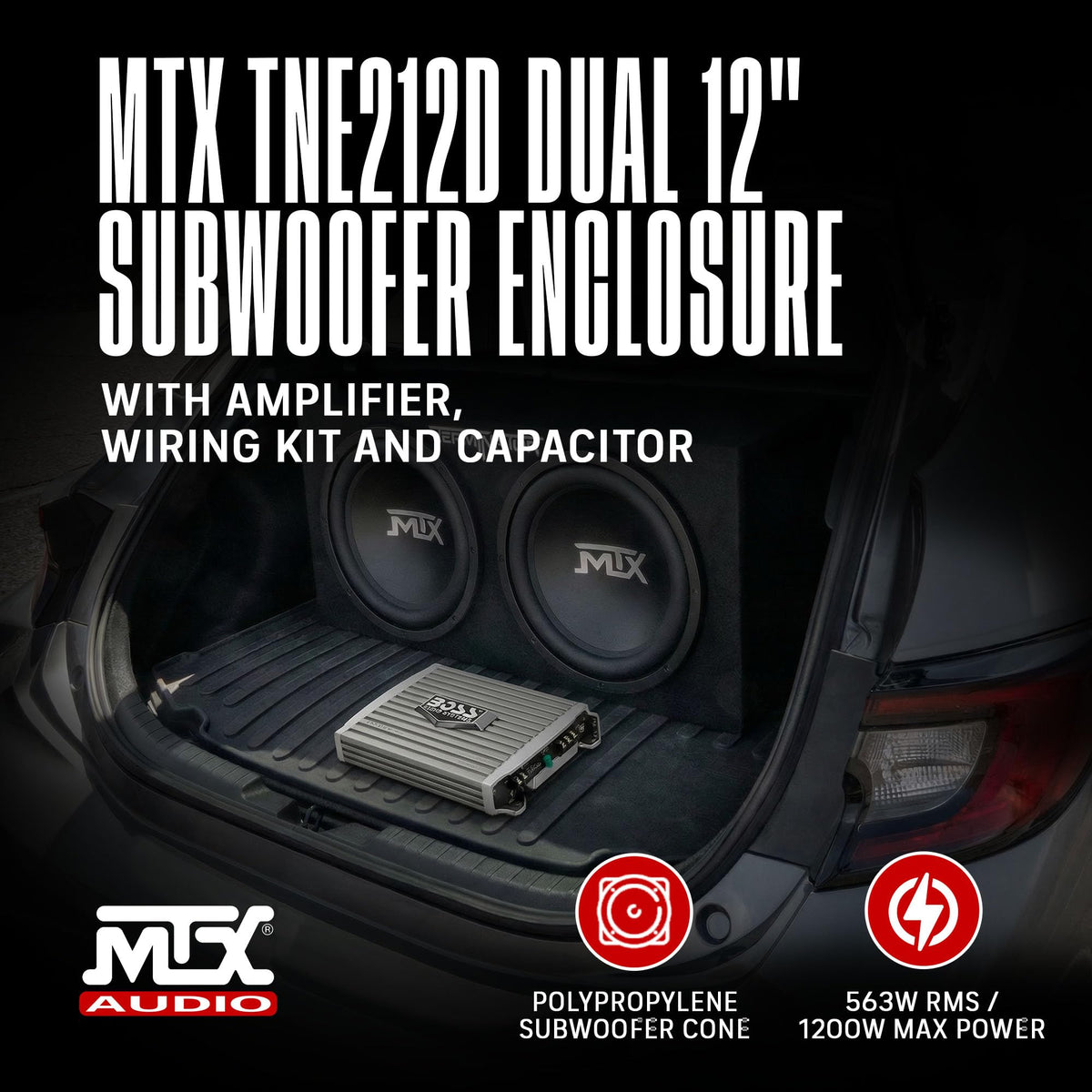 Dual 12" Subwoofer Box with Amp, Wiring Kit, & Capacitor V642
