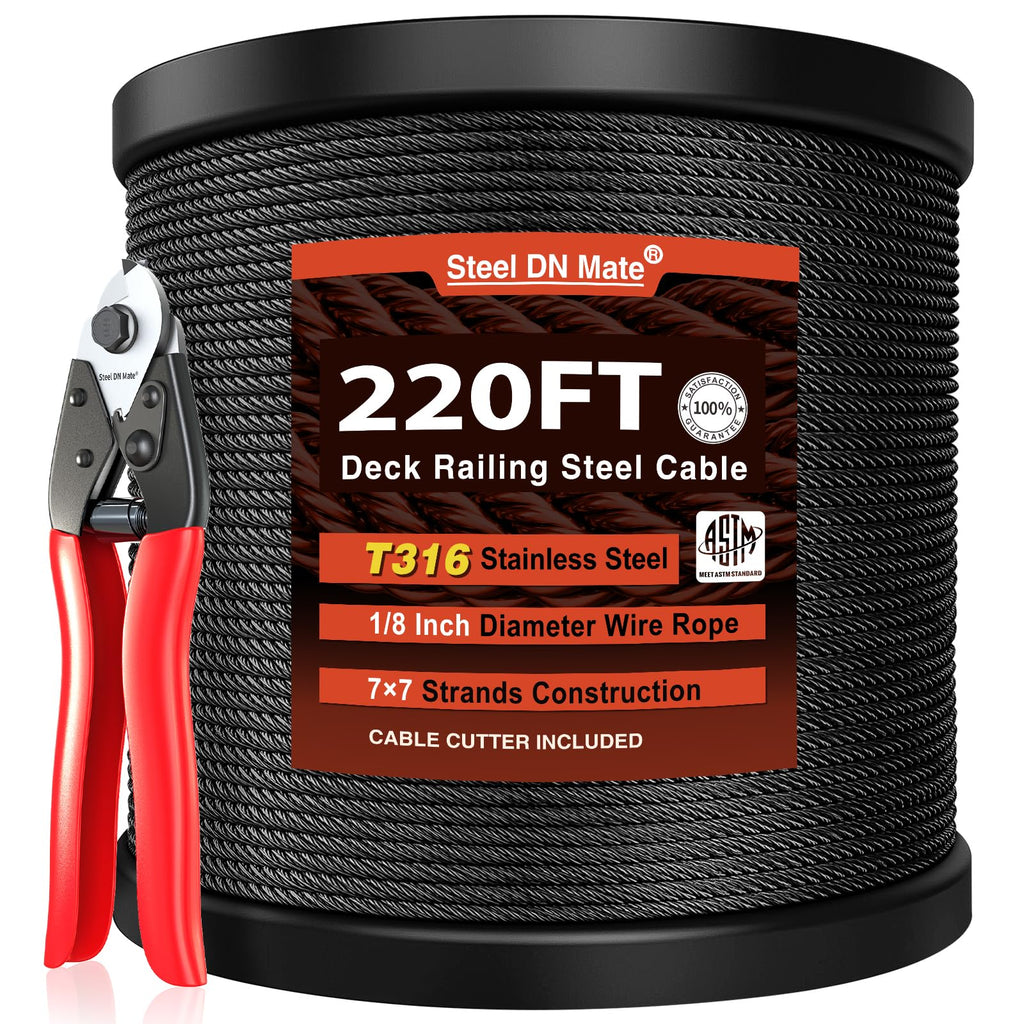 Black Stainless Steel Cable for Railing 220FT 1/8" T316 Wire Rope O107536