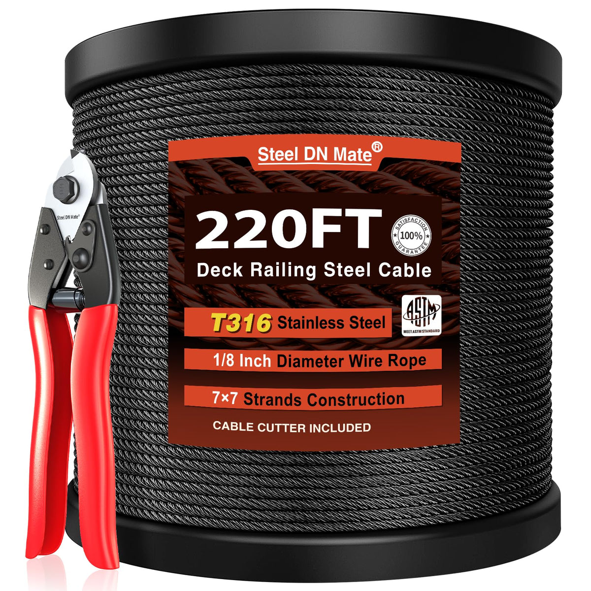 Black Stainless Steel Cable for Railing 220FT 1/8" T316 Wire Rope O107536