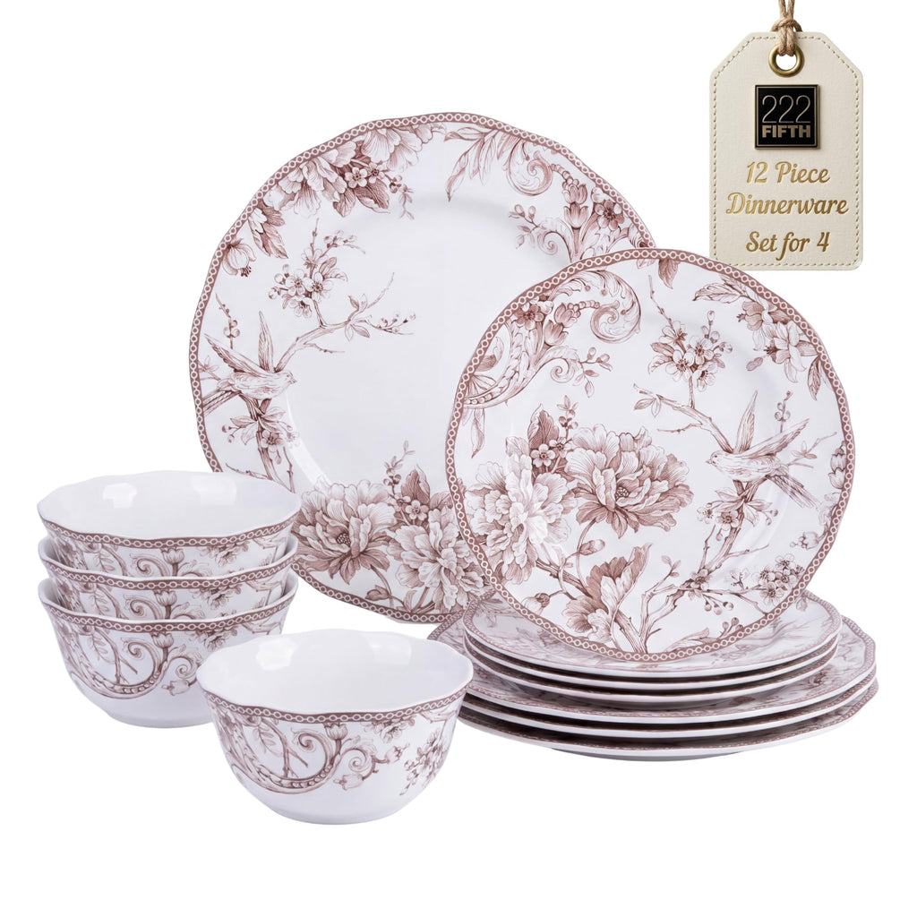 Brown on White 12-Piece Porcelain Dinnerware Set M334