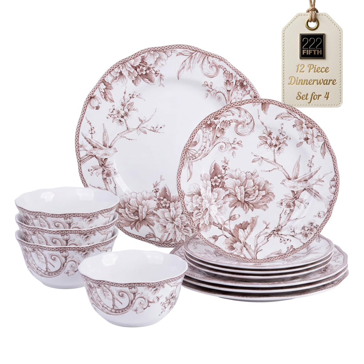 Brown on White 12-Piece Porcelain Dinnerware Set M334