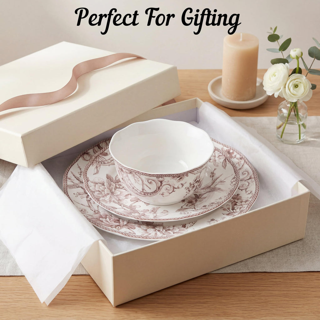 Brown on White 12-Piece Porcelain Dinnerware Set M334
