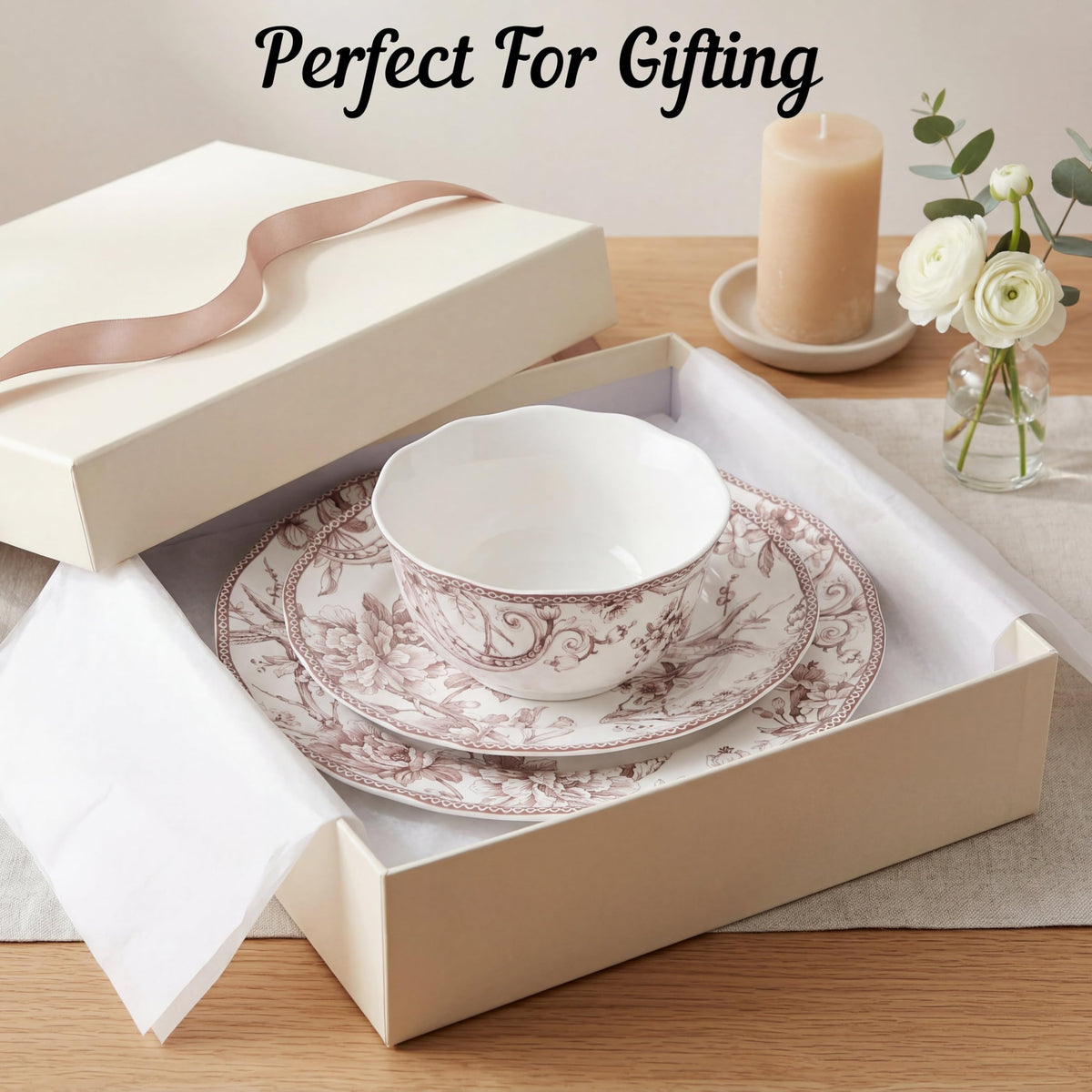 Brown on White 12-Piece Porcelain Dinnerware Set M334