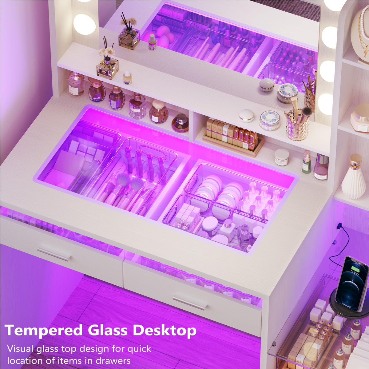 White Vanity Desk with Mirror and Lights D695
