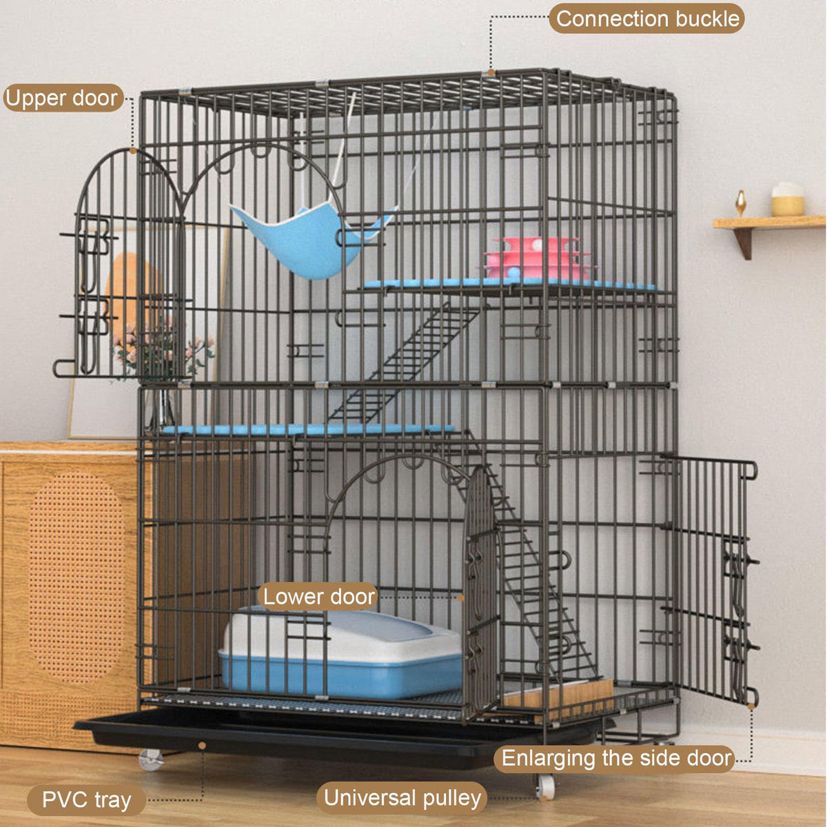 Collapsible Metal Wire Cat Cage with Wheels Q322