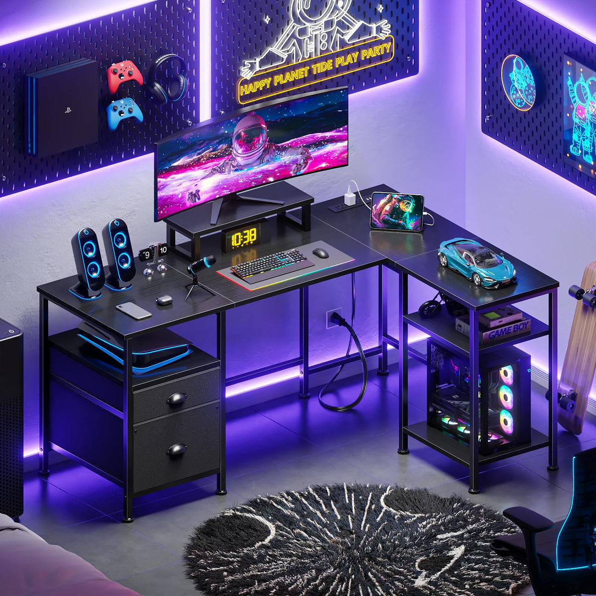 50 Inch L Shaped Gaming Desk with Power Outlet and Drawers A38546
