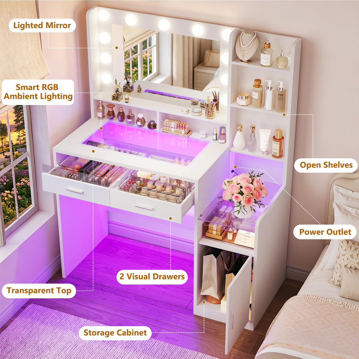 White Vanity Desk with Mirror and Lights D695