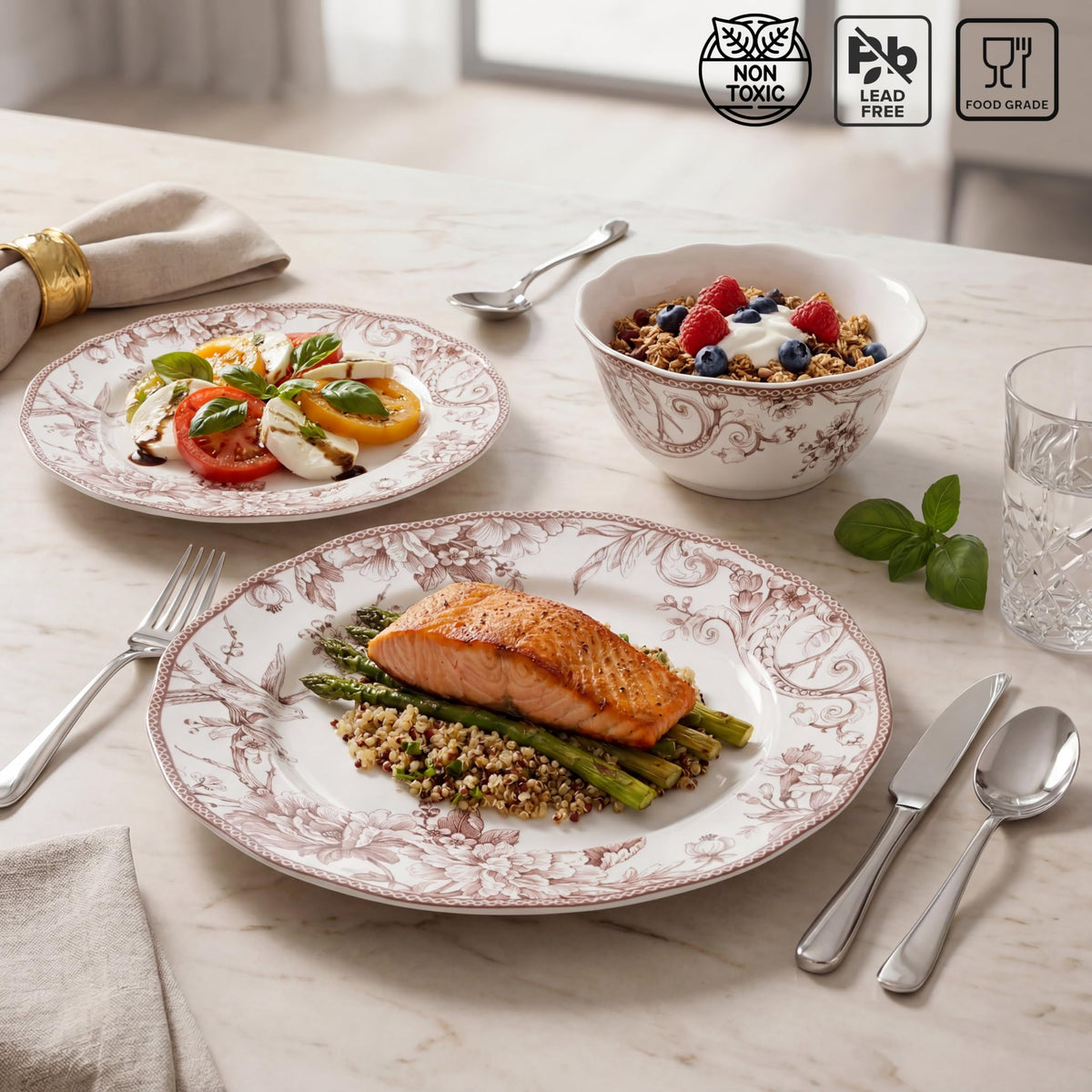 Brown on White 12-Piece Porcelain Dinnerware Set M334