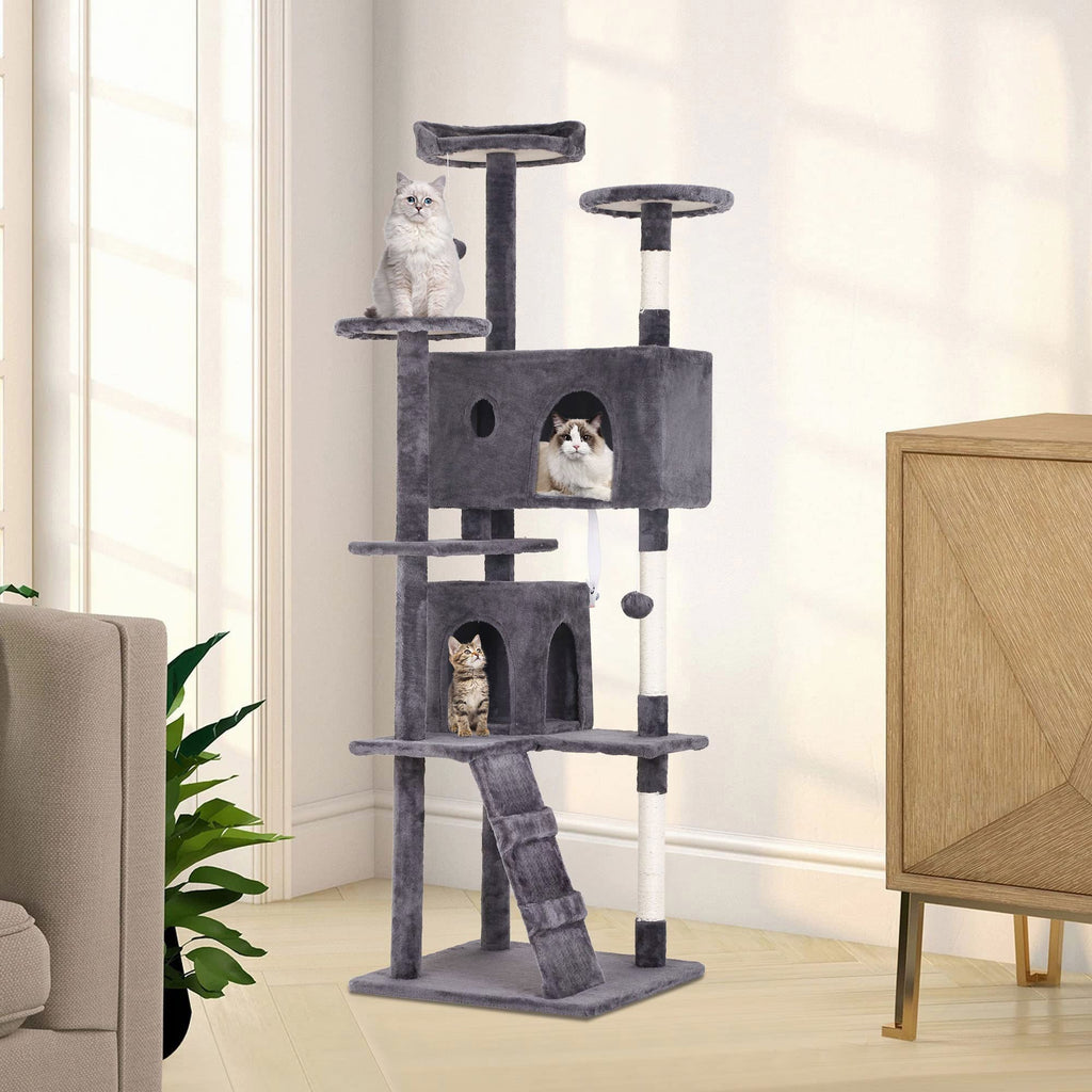 70 Inch Light Gray Cat Tree with 2 Condos, 3 Scratching Posts P9886