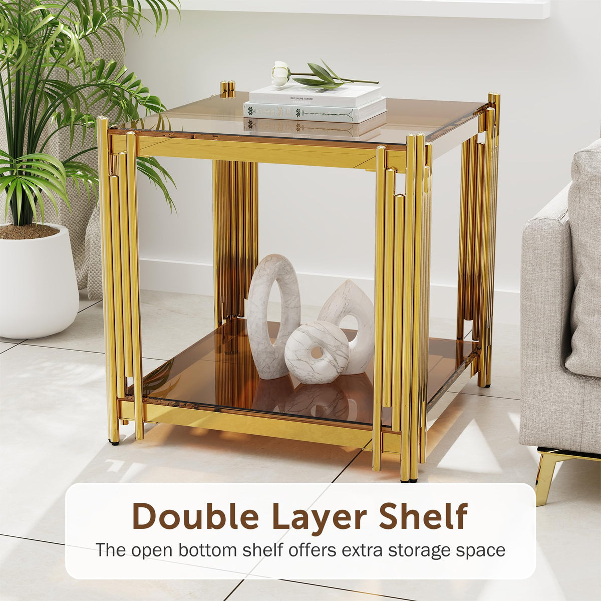 Gold Square Glass End Table, Set of 2 S74856