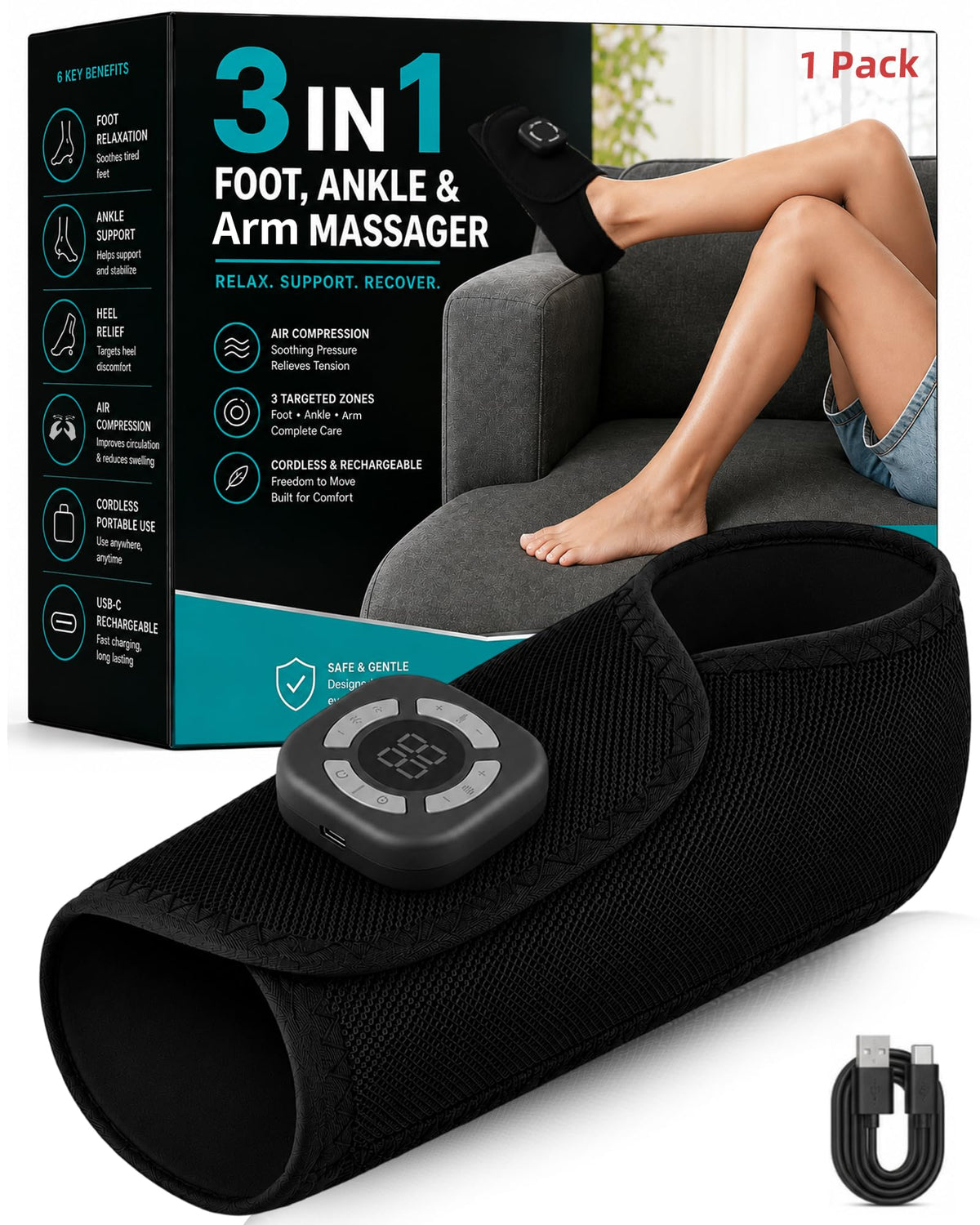 Cordless Air Compression Foot & Ankle Massager with Heat & Vibration M104