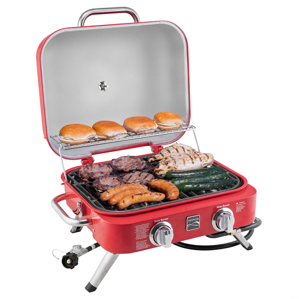 Portable Propane Gas Grill with Warming Rack, 2 Stainless Steel Burners, 14,000 BTUs, Red M3188