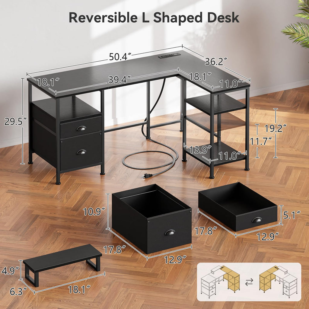 50 Inch L Shaped Gaming Desk with Power Outlet and Drawers A38546