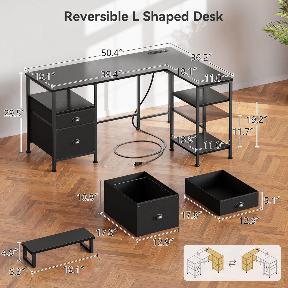 50 Inch L Shaped Gaming Desk with Power Outlet and Drawers A38546