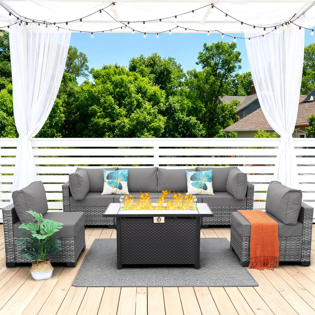 7 Pieces Wicker Patio Furniture Set with Fire Pit Table C7216