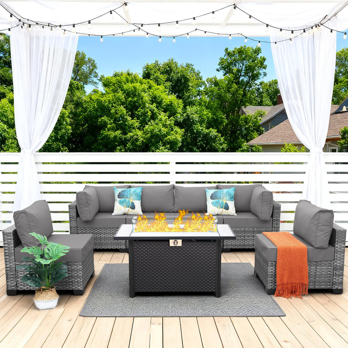 7 Pieces Wicker Patio Furniture Set with Fire Pit Table C7216