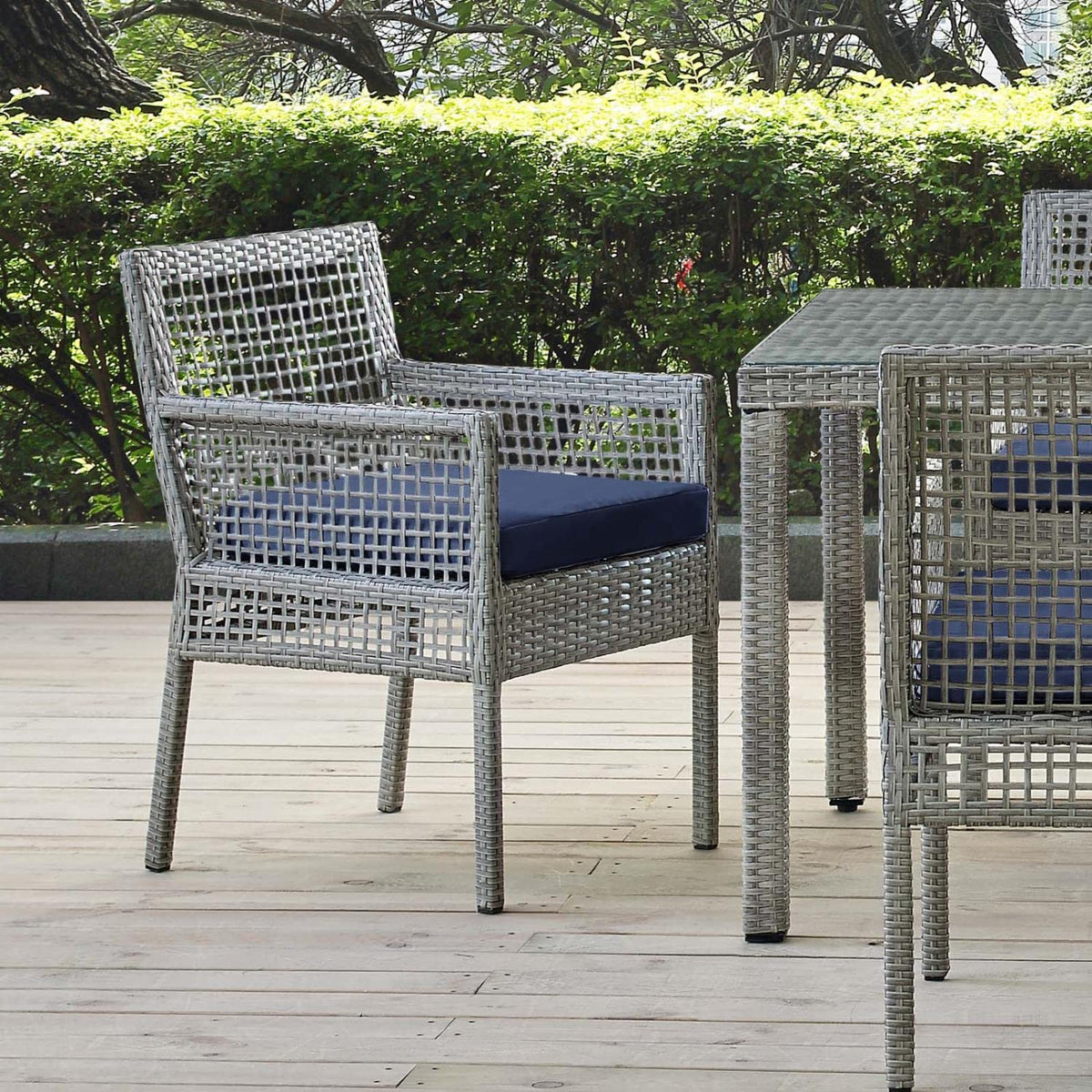 Gray Navy Wicker Rattan Outdoor Dining Arm Chair with Cushion Q67320