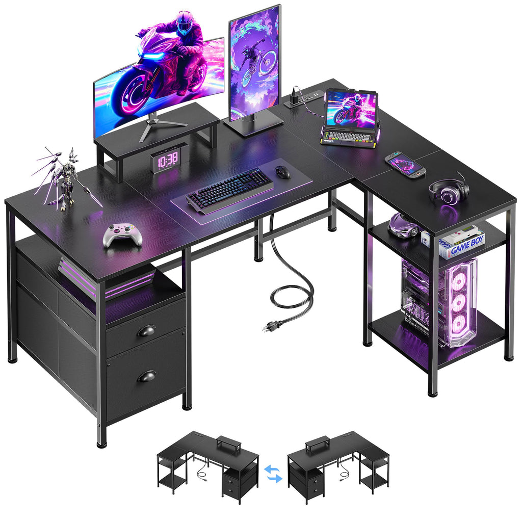 50 Inch L Shaped Gaming Desk with Power Outlet and Drawers A38546