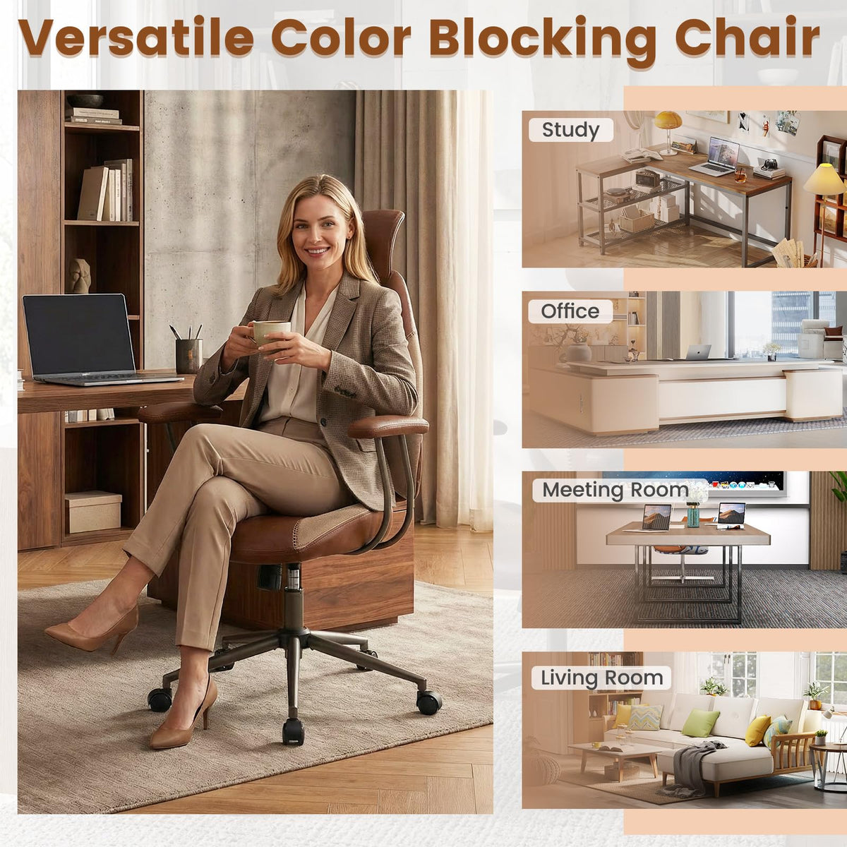 Brown Faux Fur Ergonomic Office Chair with Headrest and Wheels Q800
