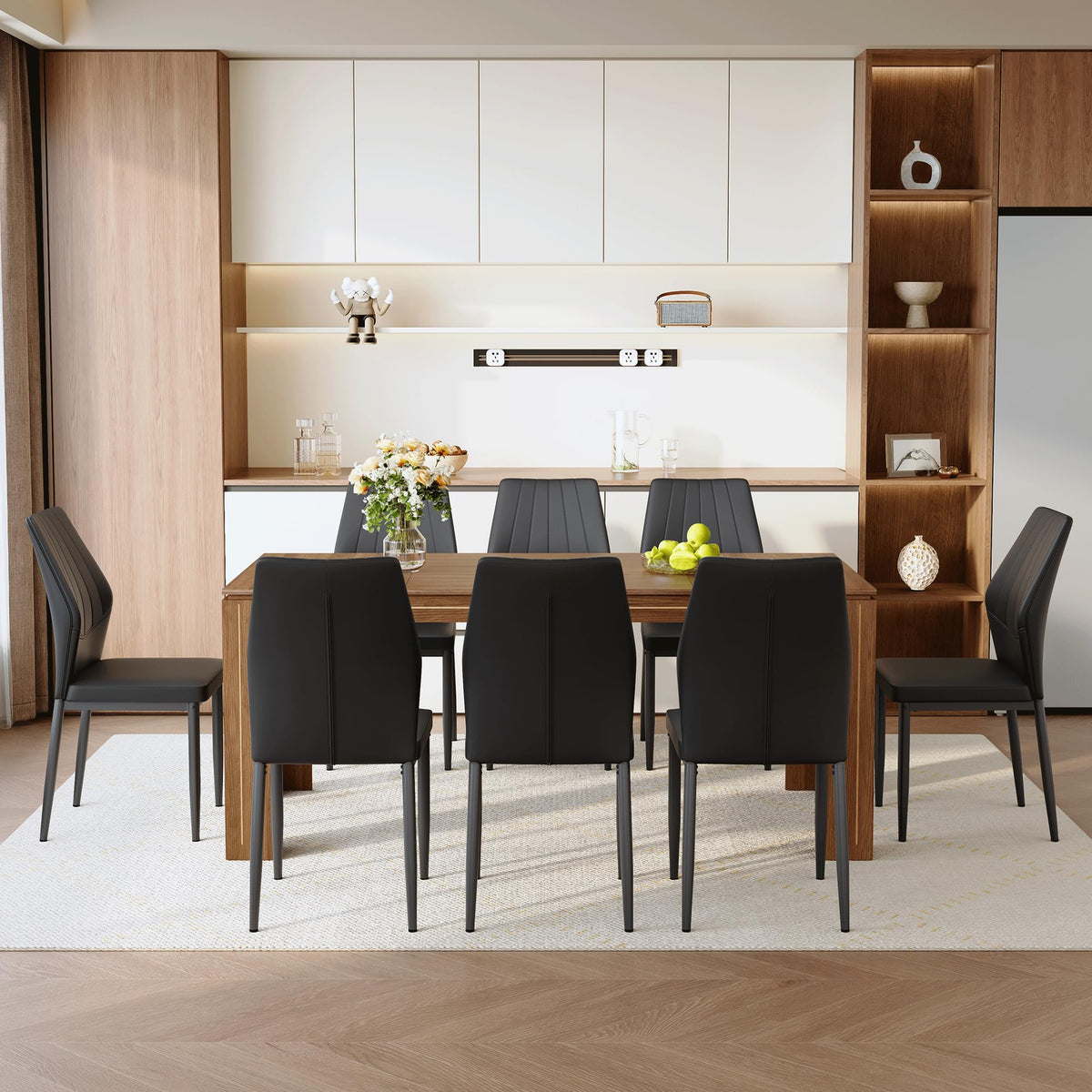 71" Farmhouse Dining Table Set for 8 with PU Leather Chairs E4525