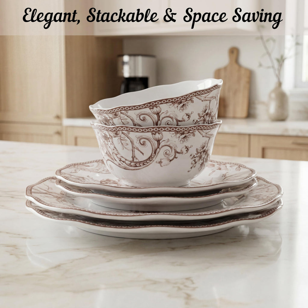Brown on White 12-Piece Porcelain Dinnerware Set M334