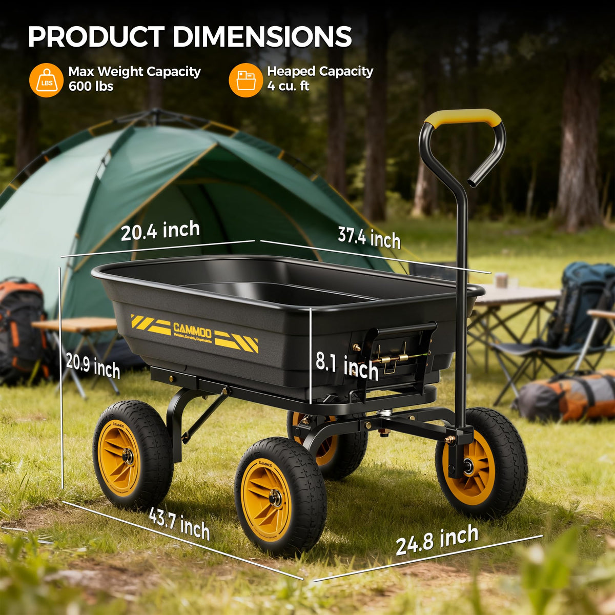 10-in No-Flat Tires 600lb Garden Dump Cart 4 Cu.Ft Wheelbarrow Black K98492