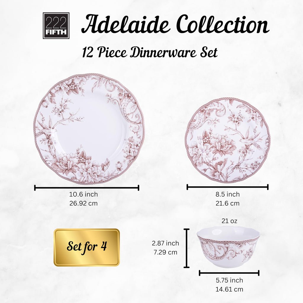Brown on White 12-Piece Porcelain Dinnerware Set M334