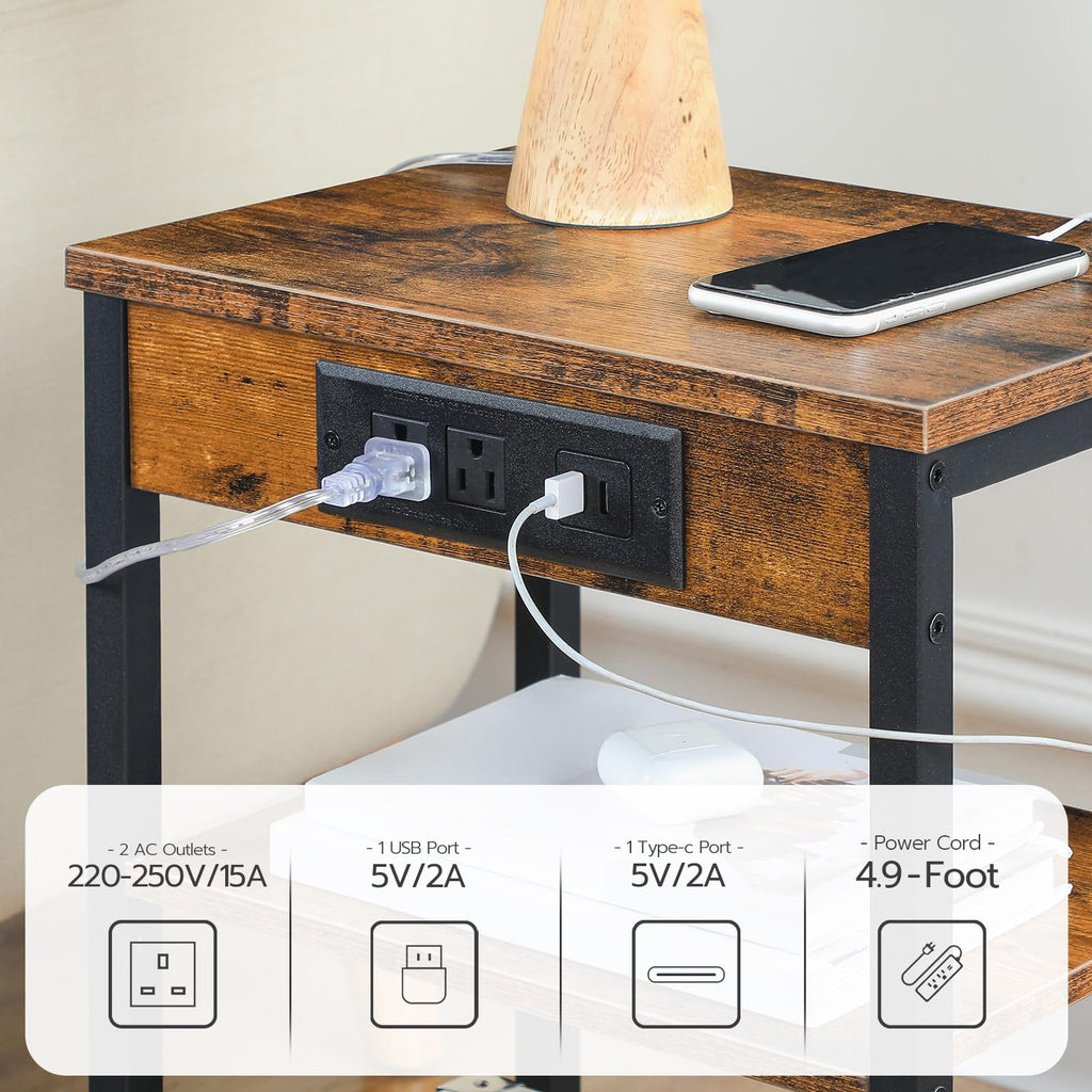 Side Table with Charging Station and USB Port, 3-Tier Nightstand with Adjustable Shelf, Rustic Brown S132