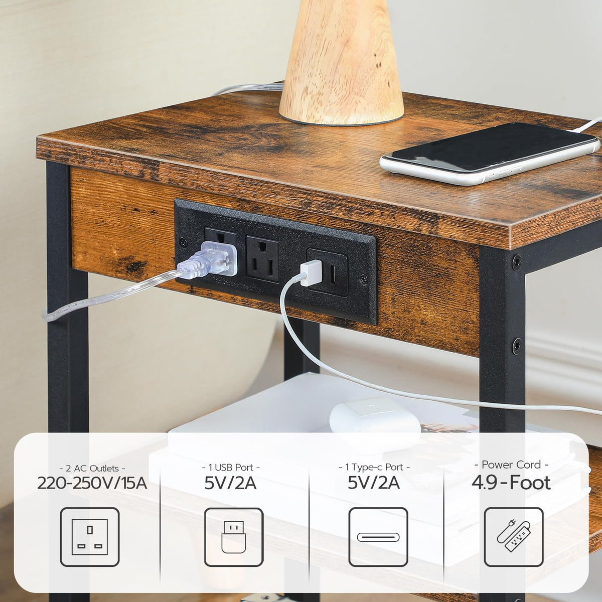 Side Table with Charging Station and USB Port, 3-Tier Nightstand with Adjustable Shelf, Rustic Brown S132