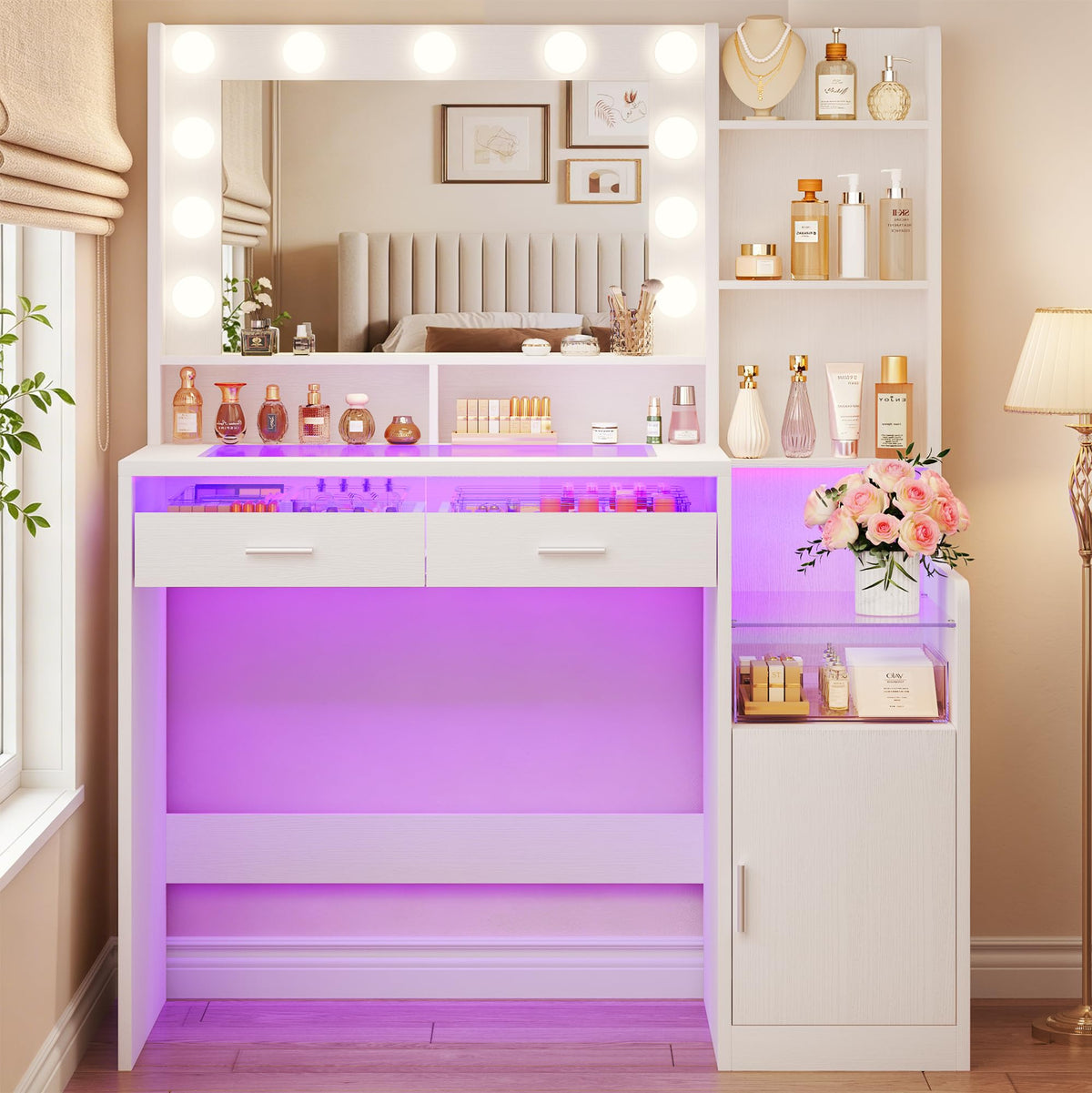 White Vanity Desk with Mirror and Lights D695