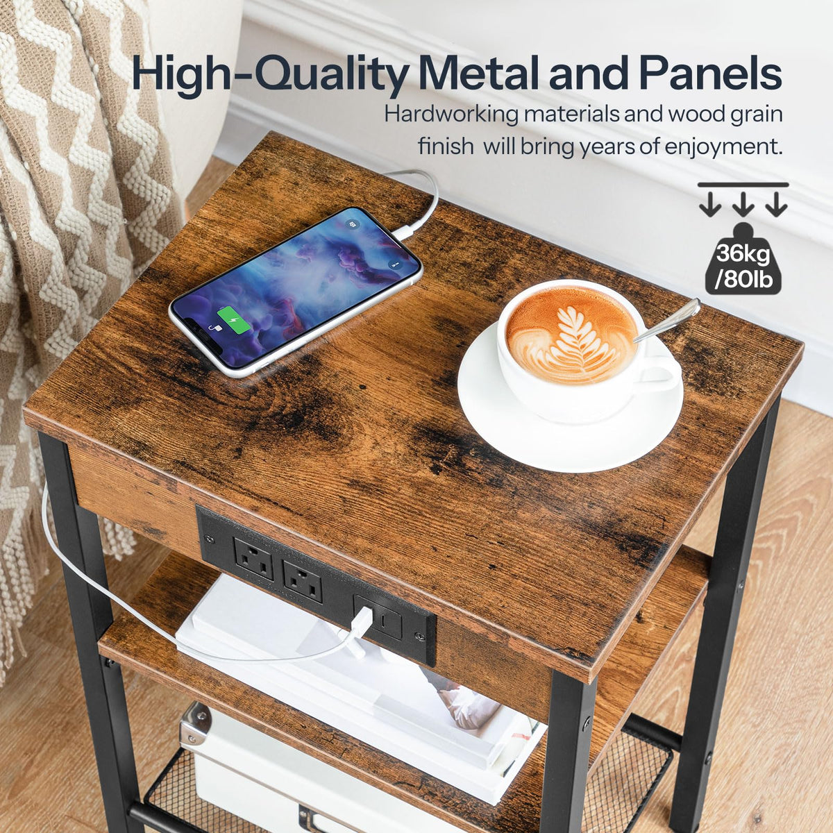 Side Table with Charging Station and USB Port, 3-Tier Nightstand with Adjustable Shelf, Rustic Brown S132