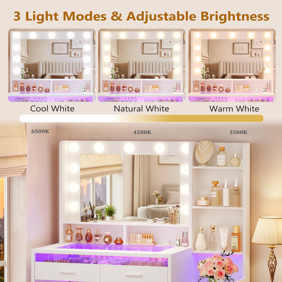 White Vanity Desk with Mirror and Lights D695